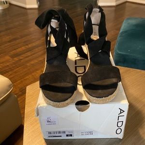 ALDO-Larieven Black Leather Suede Wedge Sandals-size 8.5